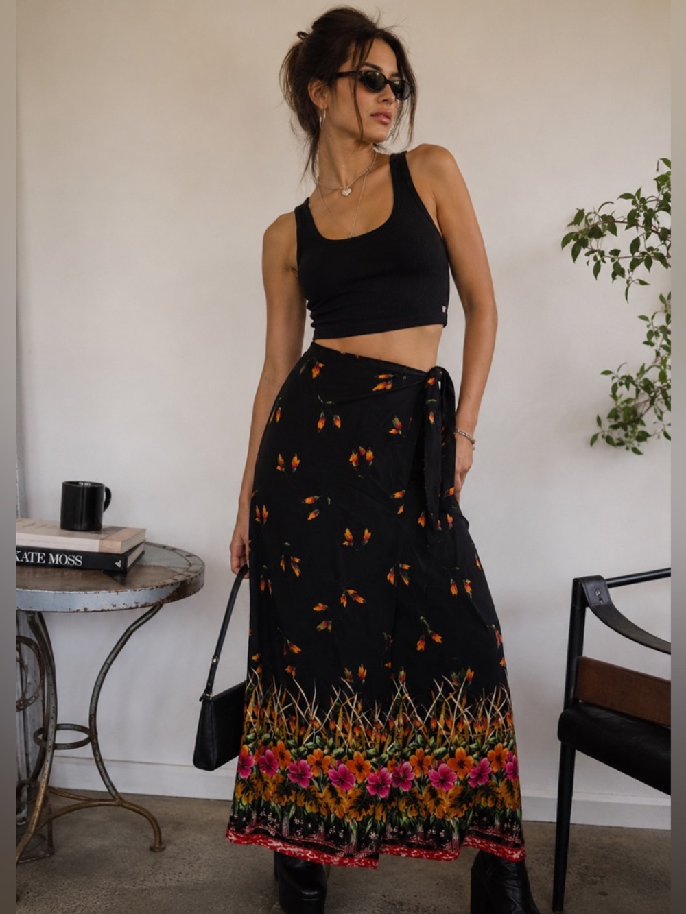 Vintage 90s Passport Black Floral Wrap Maxi Skirt size XL Rayon Made USA